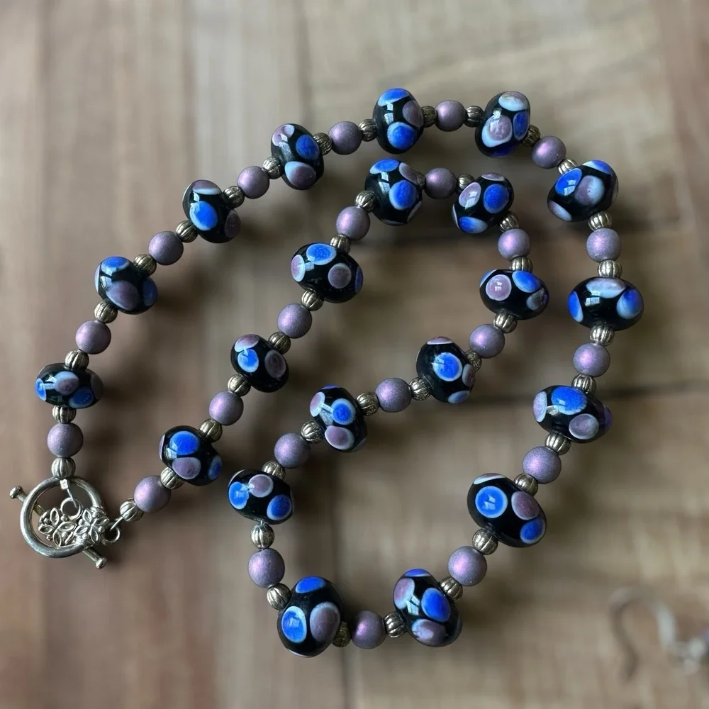 Vintage Artisan Beaded Necklace 18 Inch Match Earrings Set Lampwork‎ Art Glass